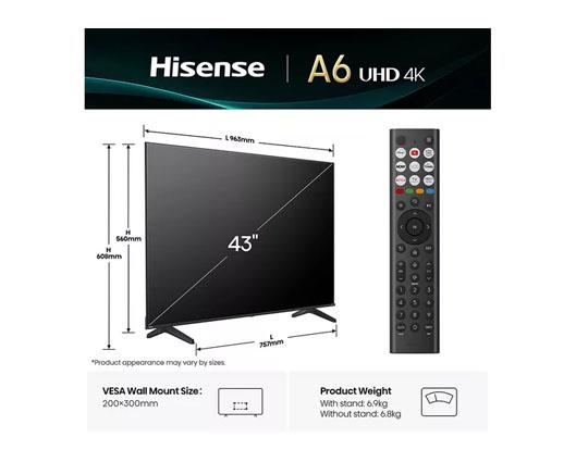 HISENSE 43A6QTUK A6Q 43" LED 4K HDR Smart TV with Freely