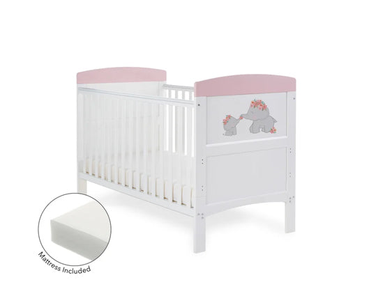 Elephants Pink Cot Bed + Fibre Mattress