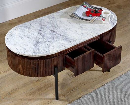 Olin Mango Wood Rectangular Fluted Coffee Table With Marble Top & Metal Legs