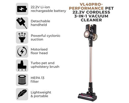 Tower RVL40PRO Pet 22.2V Cordless 3-in-1 Vacuum Cleaner Rose Gold