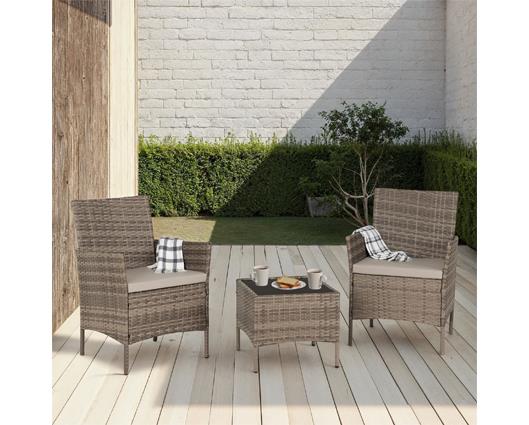 Willow 3Pc Garden Set - Grey Rattan/Grey Fabric/Black Glass