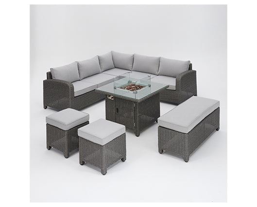 Hadley D.GreyRattan Crnr 5Seat FirepitTable+2stool+bench+Cov