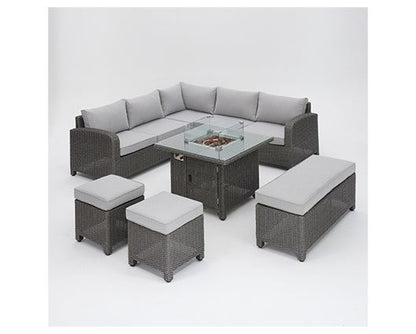 Hadley D.GreyRattan Crnr 5Seat FirepitTable+2stool+bench+Cov