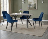 ATHENS RECT & AVERY DINING SET (X4 CHAIRS) - CONCRETE/SAPPHIRE BLUE VELVET