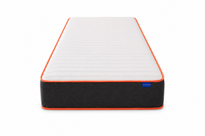 A mattress shown from a top-down angle on a clean white background. The mattress has a white quilted top surface, a dark charcoal gray side, and bright orange piping along the edges.
