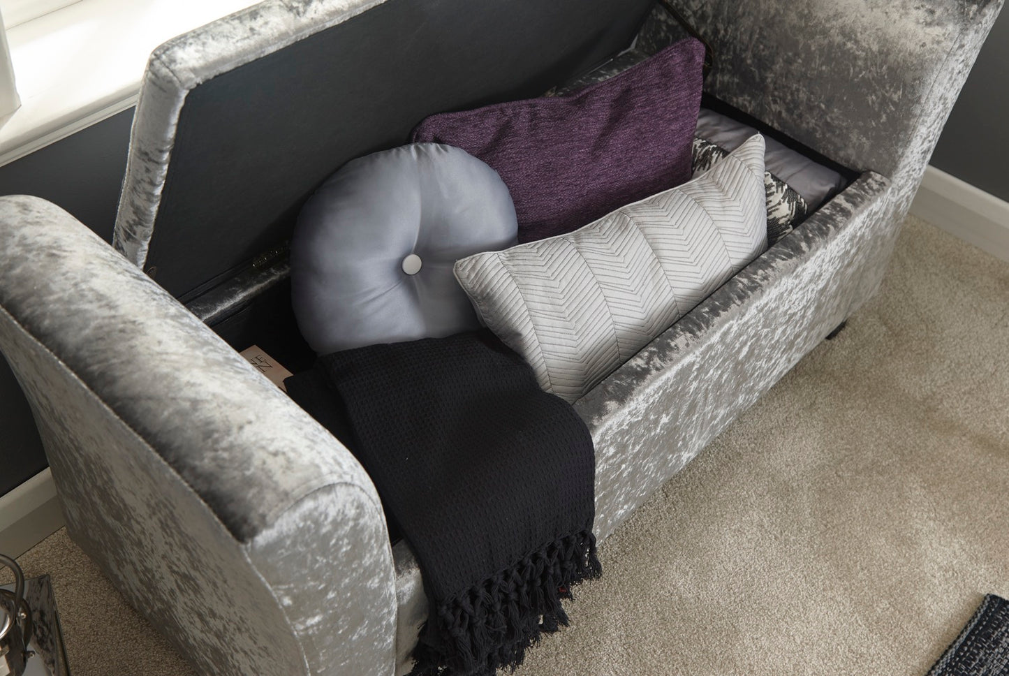 Vanessa Window Seat-Grey Crushed Velvet