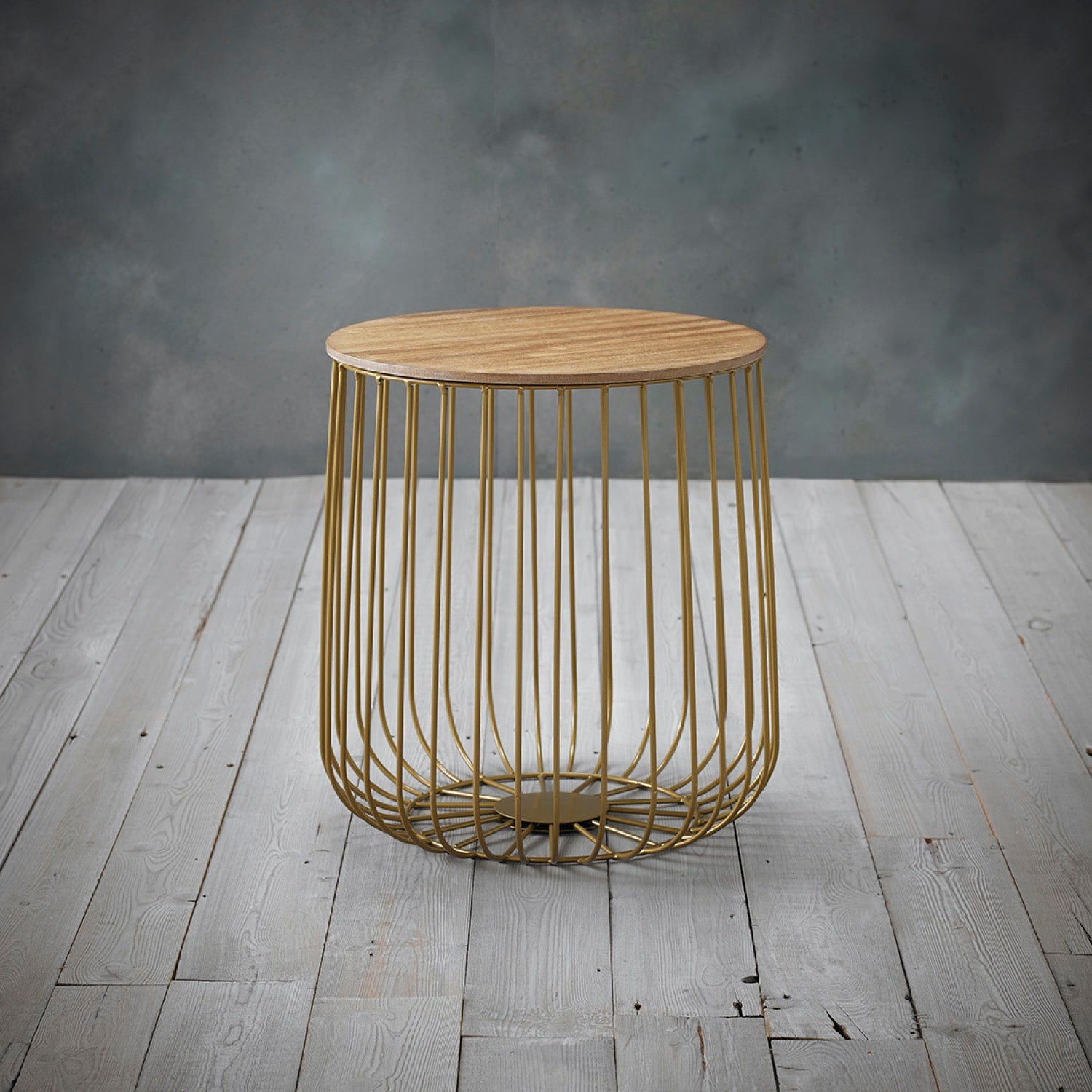 Emberly Small Cage Table Gold Frame Oak Marble Top